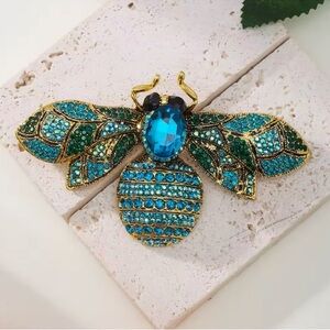 Elegant Blue Honeybee Crystal Brooch